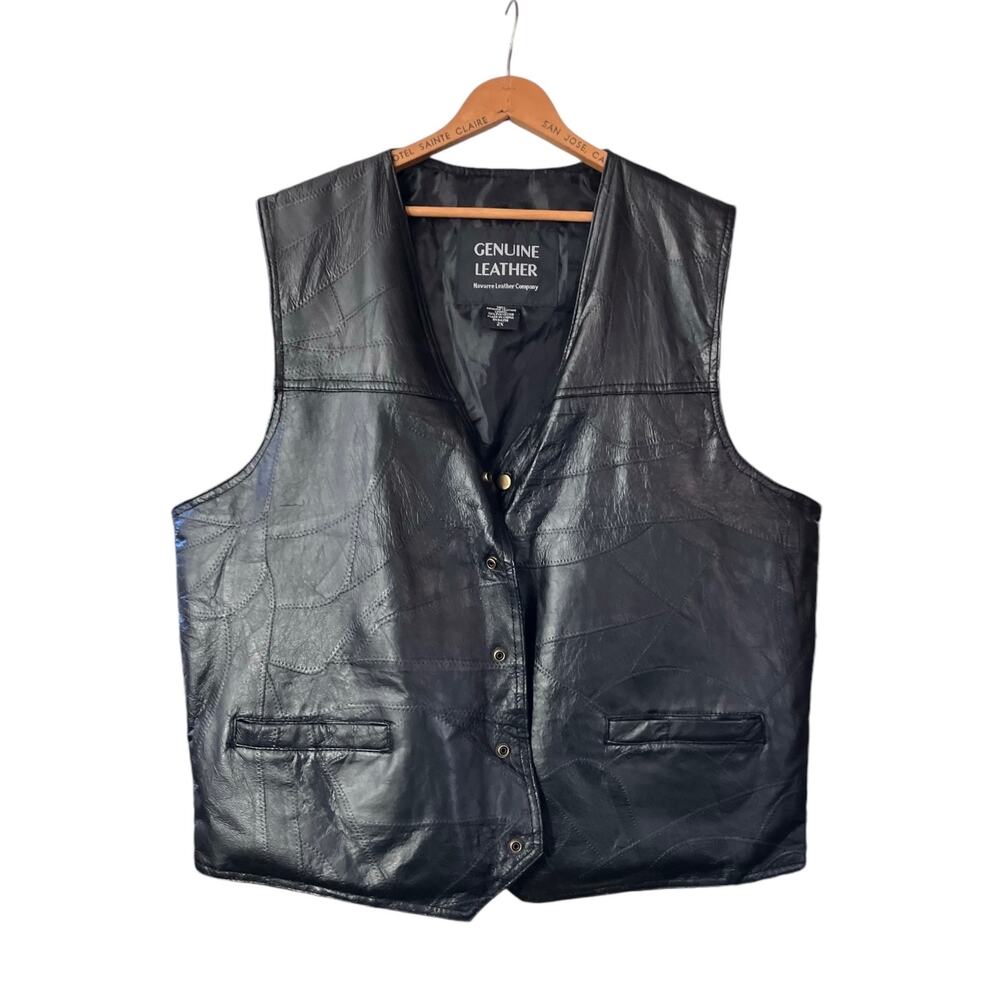 Genuine Leather Navarre Leather Company Men's Black MotoY2K Rocker Vest SZ 2X - Picture 2 of 7